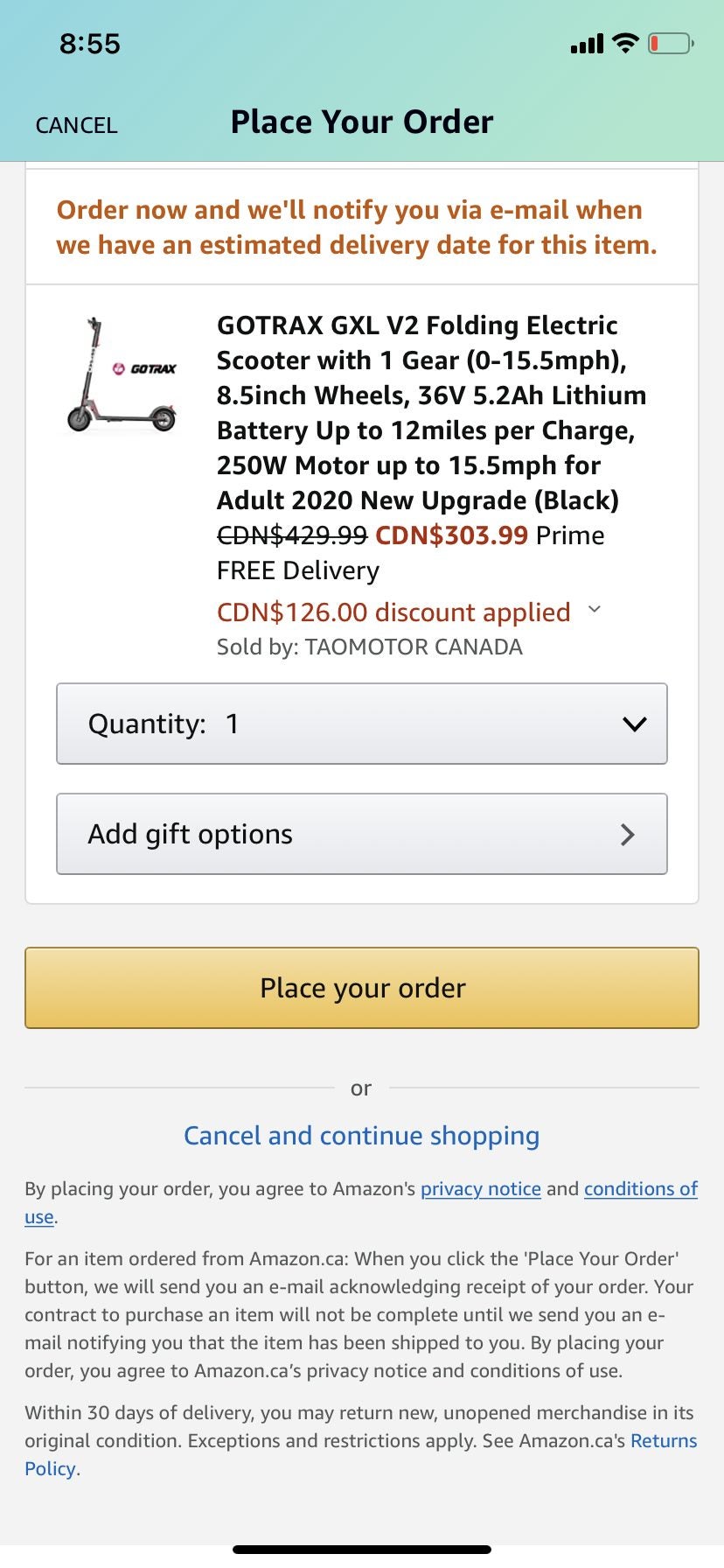 [Amazon.ca] GOTRAX GXL V2 Electric scooter (303.99 w/ coupon+code